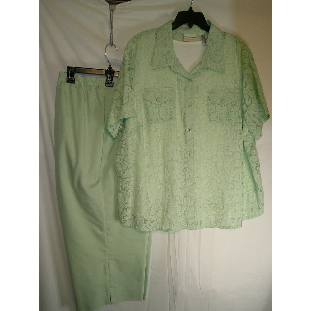 Alfred Dunner 2-Piece Pant Set Short Sleeve‎ Top Green Floral 34W
